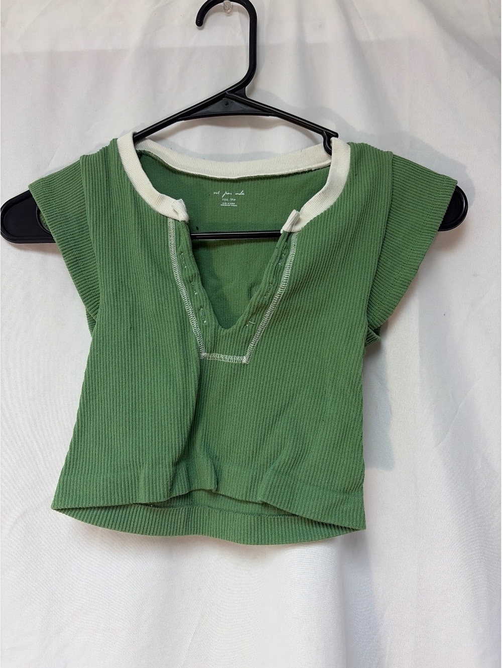 Out From Under Green Ribbed Cap Sleeve Top with White Trim XS/S